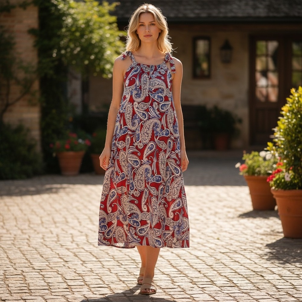 Banana Republic XL Red Blue Paisley Halter Neck‎ Sleeveless Elastic Waist Dress